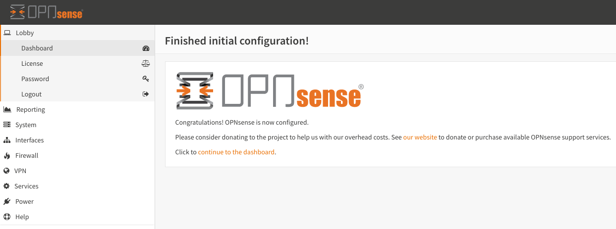 OPNsense Finished Initial Configuration Screen